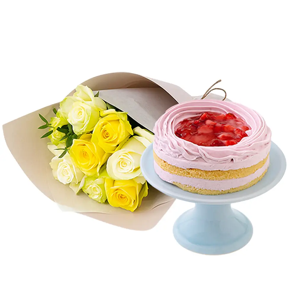 Radiant Strawberry Cake & Rose Bouquet